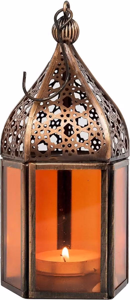 Oosterse Lantaarn Windlicht Metaal Glas Oranje - Hoogte: 16 cm