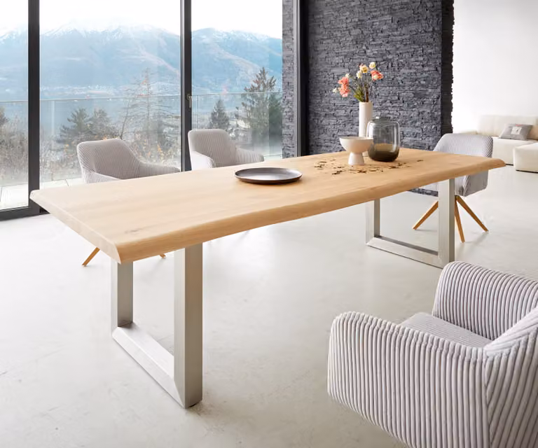 DELIFE Eettafel Edge Live-Edge Eiken Hout en Roestvrij Staal, Bruin/Zilver, B: 260 cm, D: 100 cm, H: 76 cm