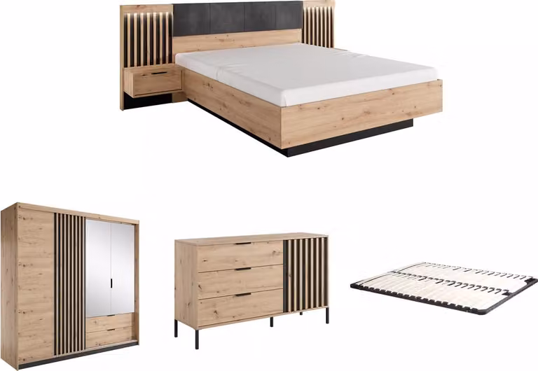 ARIADA Slaapset met bed, nachtkastjes, ladekast en kast - 160 x 200 cm - Natuurlijk en zwart