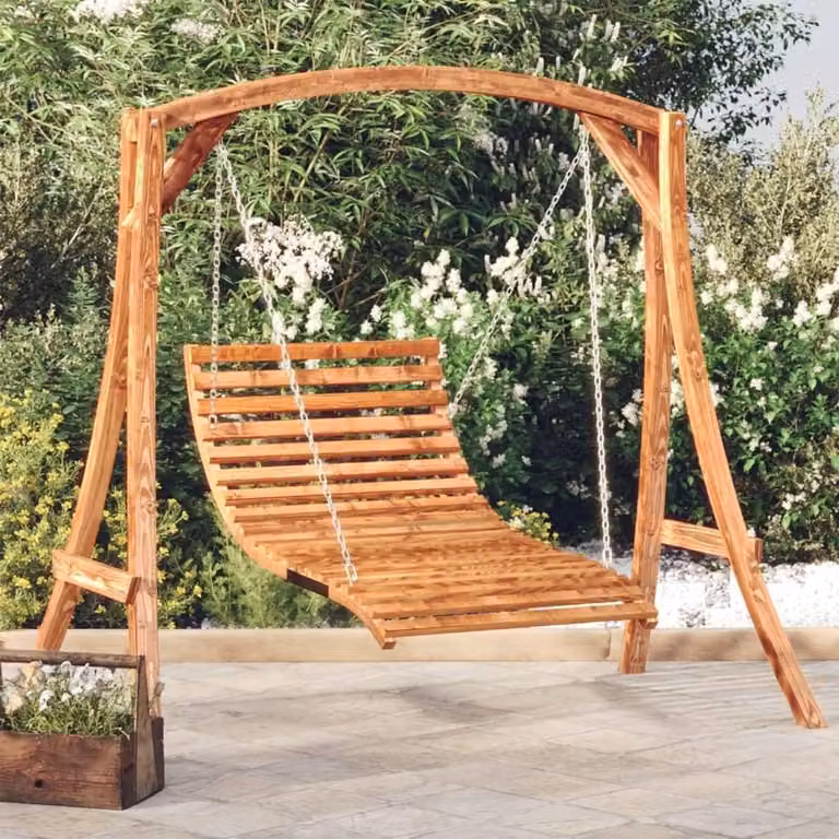 Schommelbed van massief sparrenhout met teakafwerking en ligstoelen 3200615