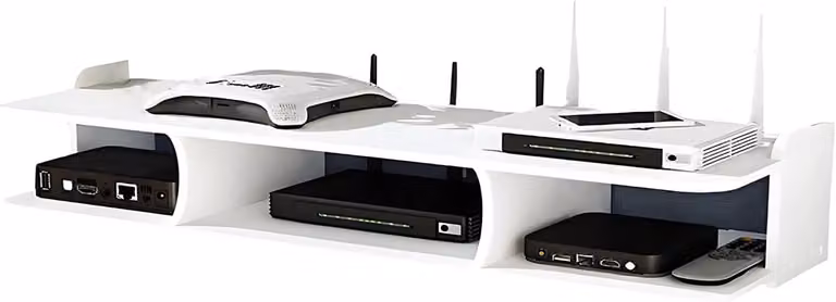 Wit TV-plank met dubbele laag voor het organiseren van apparaten en router, wandmontage