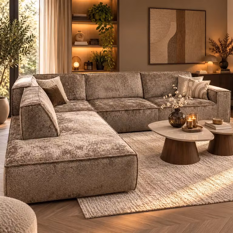Hoekbank Tori Euphoria Antelope - Beige/Bruin - L-vormig met Relaxfunctie en Verstelbare Rugleuning