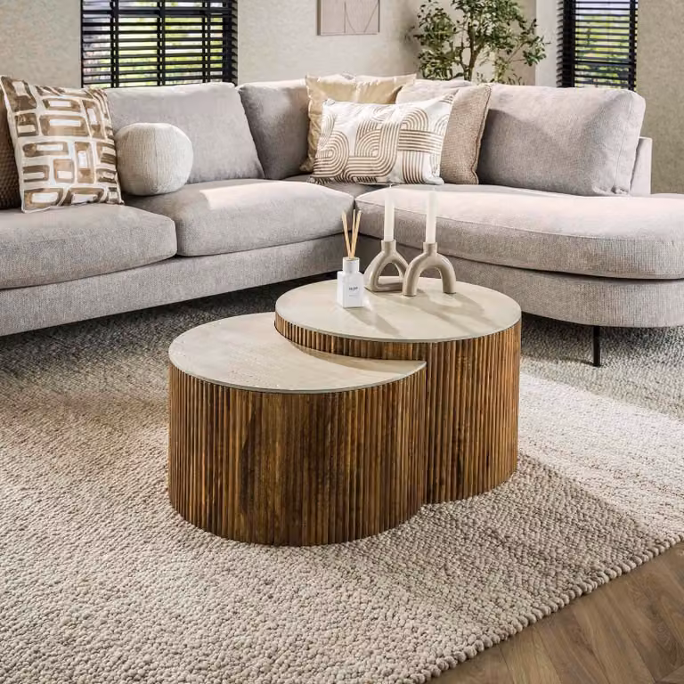 WoonStijl Salontafel set van 2 Nuovo halfrond beige travertin B/D/H: 60 x 40 x 25 cm en 60 x 40 x 60 cm