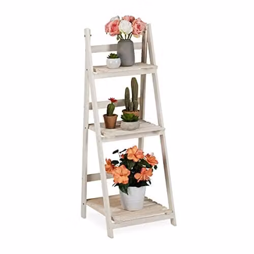 Relaxdays Plantenrek van hout, 3 etages, wit, shabby chic, H x B x D: 108 x 41 x 40 cm