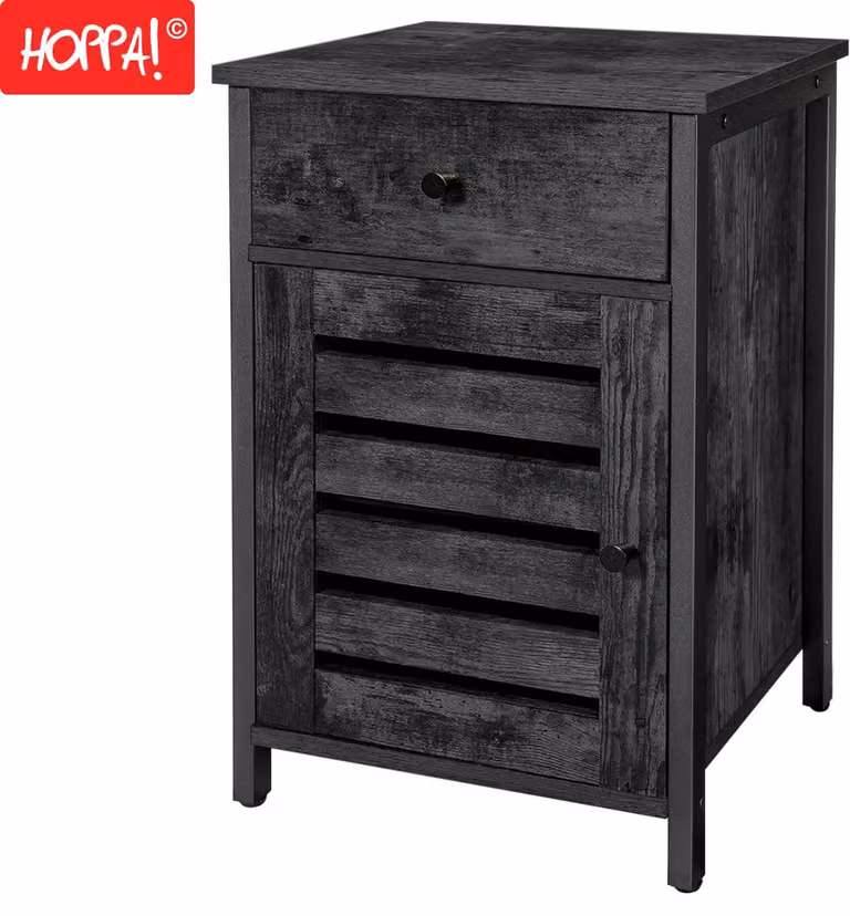 Hoppa! Nachtkastje - Zwart met lade en deurtje - B: 41 cm, D: 41 cm, H: 61 cm