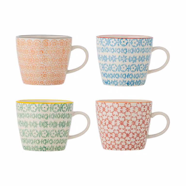 Bloomingville Carla mok set met bloemenmotief, 4 stuks, multicolor, keramiek
