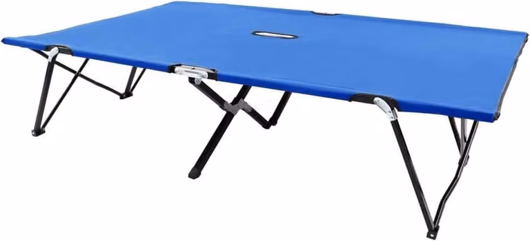Blauw inklapbaar 2-persoons ligbed voor in de tuin
