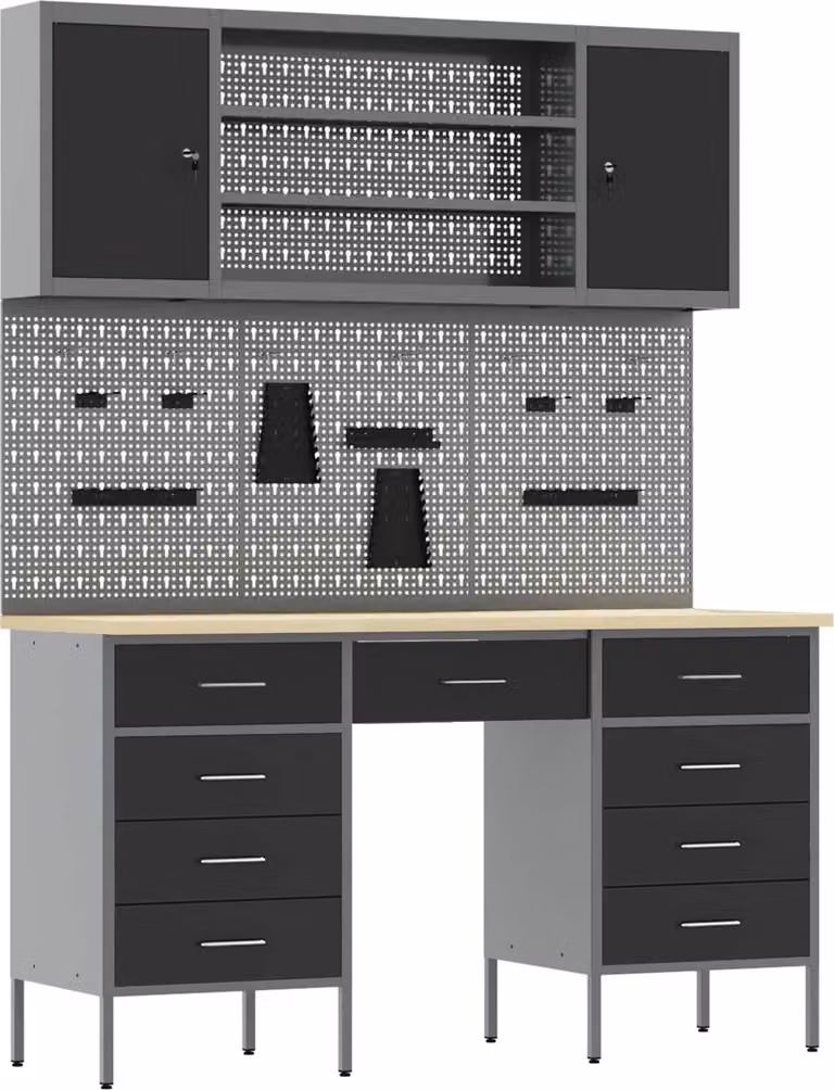 vidaXL Werkbank met 8 laden, zwart, van hout en staal