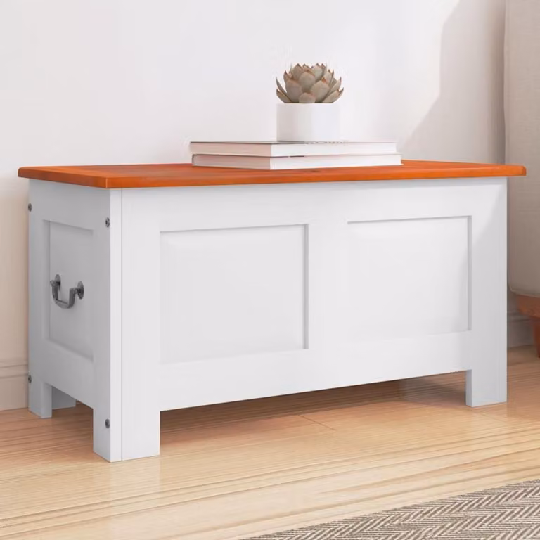 Opbergkist met deksel van massief acaciahout voor woonkamer, hal of kinderkamer, bruin en wit, B/D/H: 70 x 35 x 37 cm