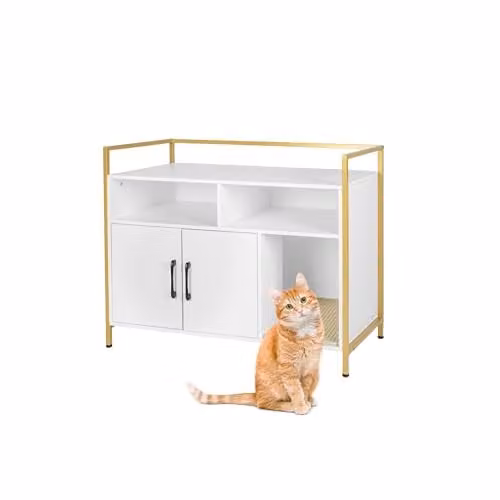 Relaxdays Kattenkast met opbergruimte, wit/goud, B: 90 cm, D: 45 cm, H: 74 cm