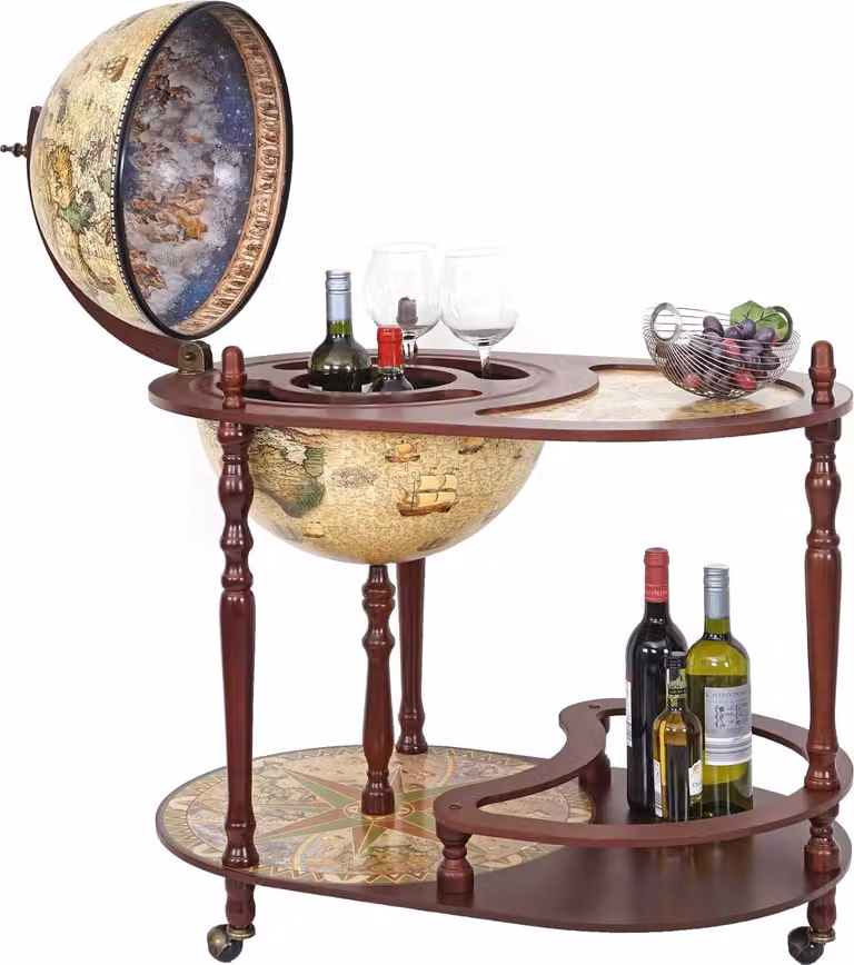 Mendler Globusbar met tafel HWC-D84 en wereldbol Ø 42 cm, verrijdbare huisbar van eucalyptushout