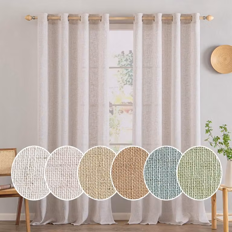 Set van 2 Moderne Voile Gordijnen met Oogjes, Korte Semi-Transparante Linnen Look, Wit, B: 140 cm, H: 160 cm