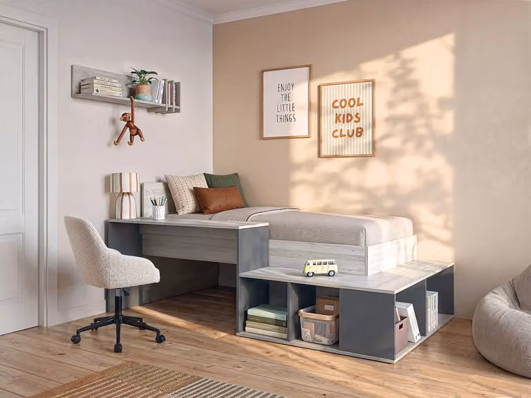 RIGALI Hoogslaper met bureau, opbergruimte en bedbodem - B/D/H: 90 x 200 cm - Kleur: beige, antraciet en zwart