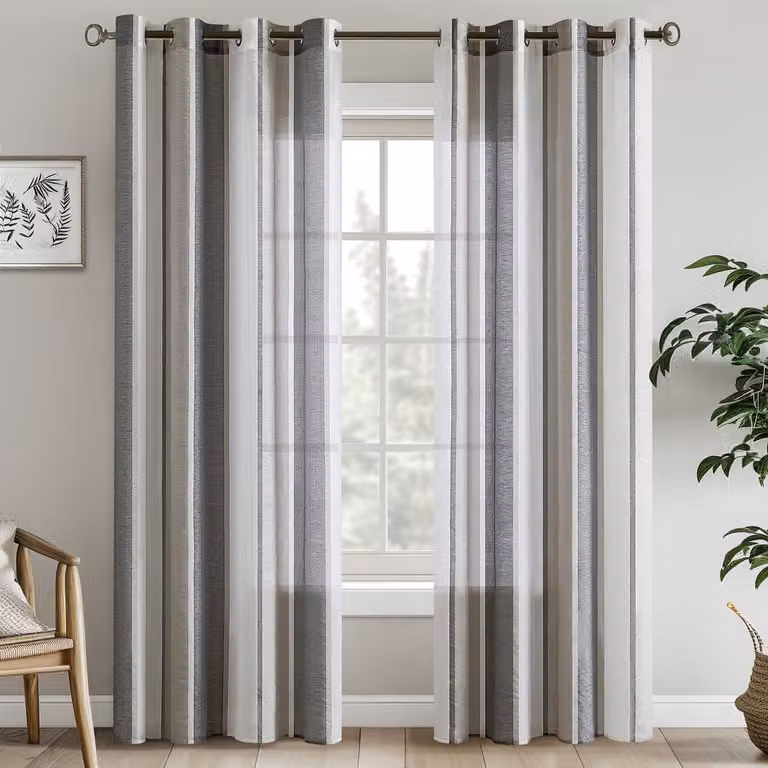 Unyqoos Set van 2 Transparante Gestreepte Gordijnen voor Woonkamer en Slaapkamer - Donkergrijs en Wit - B: 140 cm, H: 225 cm