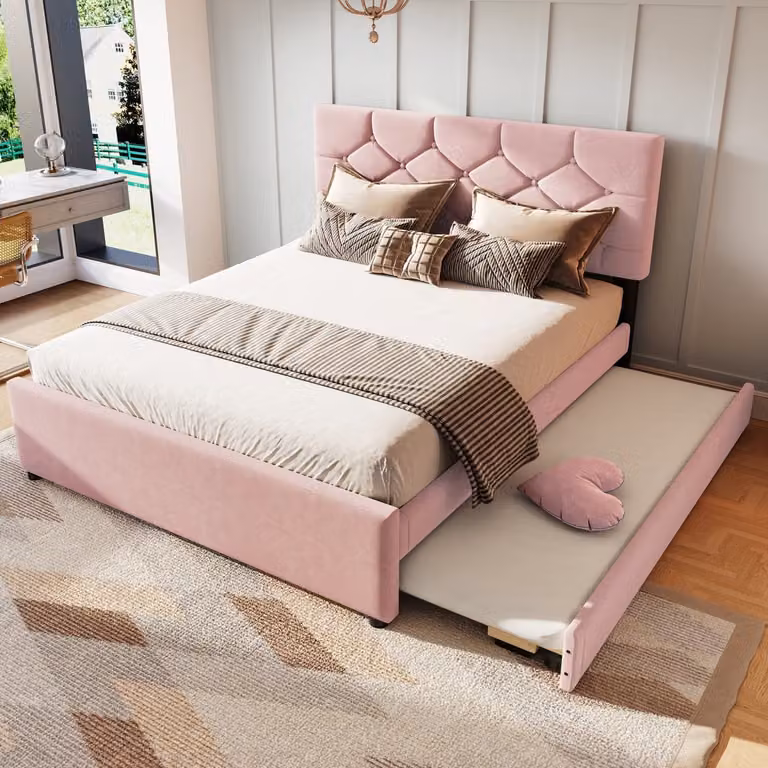 FloraGrace Gestoffeerd Bed met Uitschuifbaar Rolbed en Lattenbodem, Fluweel, Roze, B/D: 140 x 200 cm
