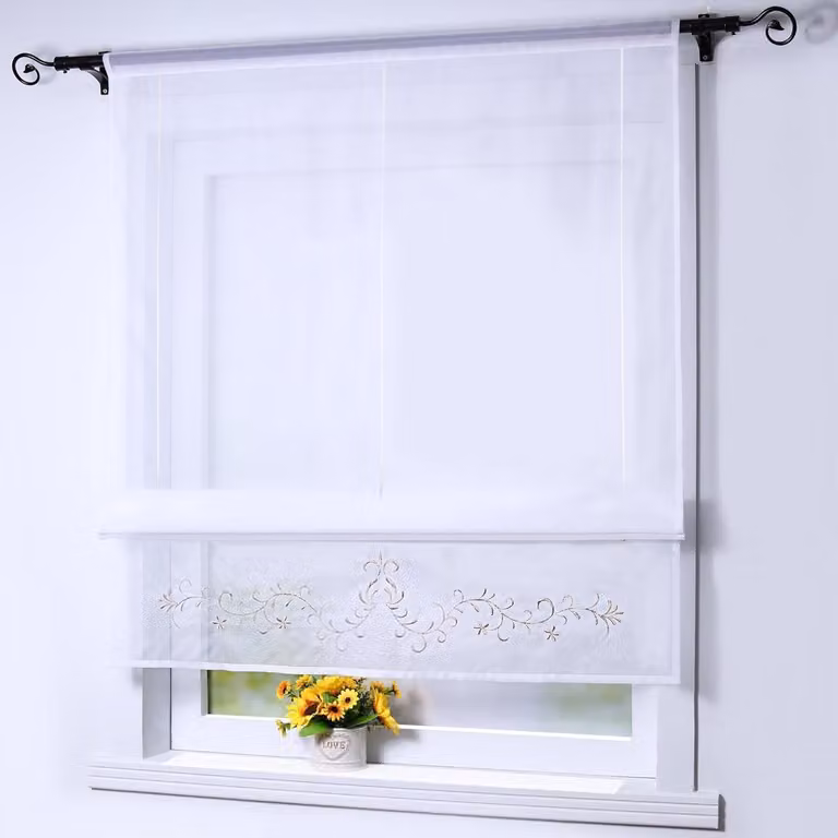 Vouwgordijn met geborduurde plantenmotieven, transparant, 1 stuk, 100% polyester