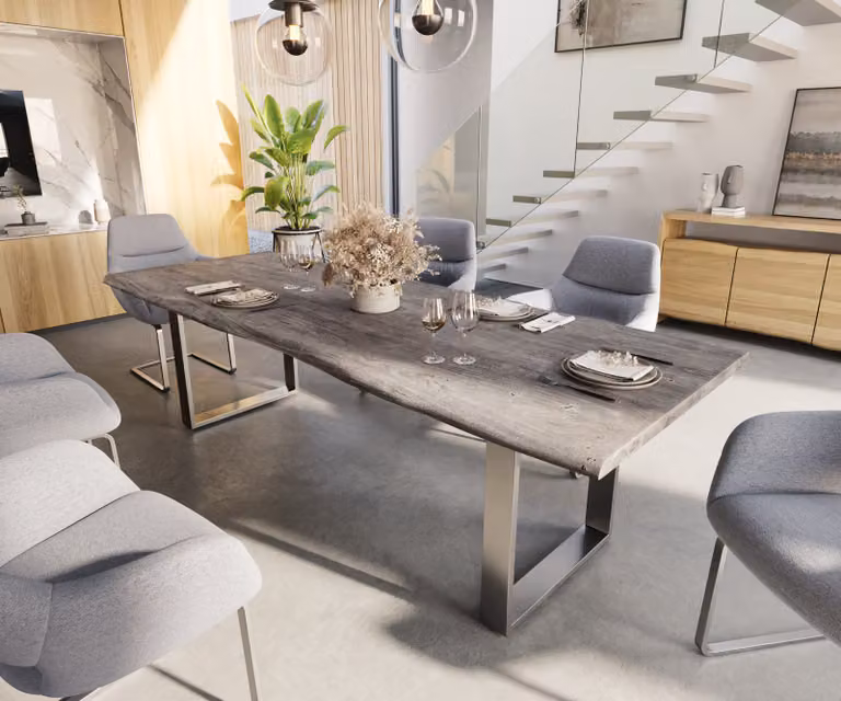 DELIFE Eettafel Edge van Acaciahout en Metaal, Platina, Live-Edge, B/D/H: 260 x 100 x 74,5 cm