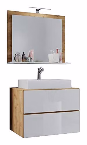 VCM Lendas 3-delig badkamerset met wastafelmeubel en spiegelkast in beige, wit en eikenhout, Breedte: 60 cm