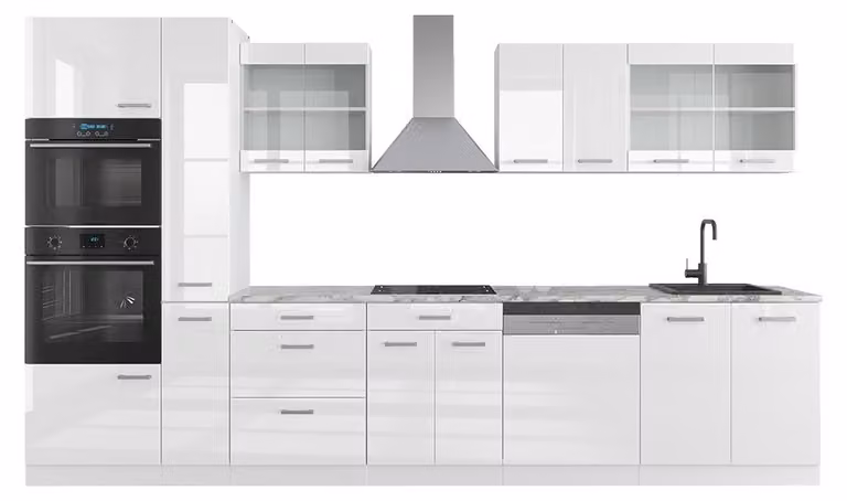 Vicco R-Line Keukeneenheid Wit hoogglans met hoge kast en marmeren werkblad, 350 cm, Model 37644
