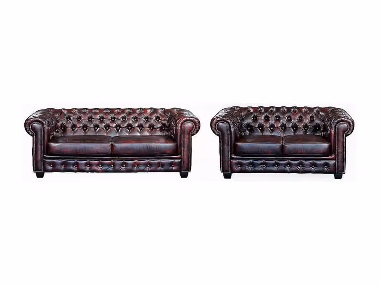 Chesterfield BRENTON driezits- en tweezitsbank van 100% buffelleer in cherry