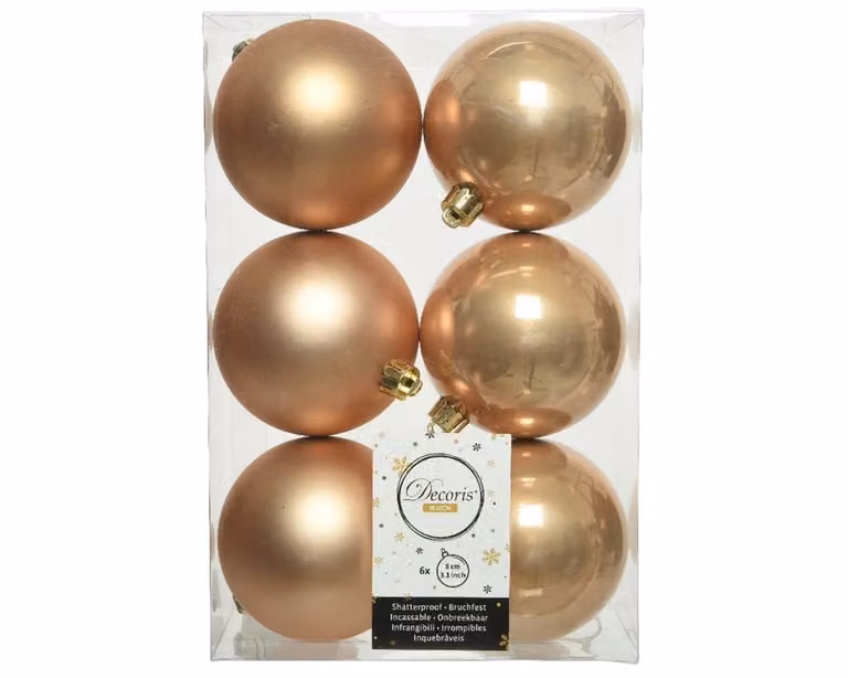 Decoris 6 onbreekbare kerstballen toffee, diameter 8 cm