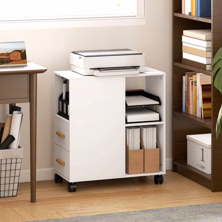 Printerkast met verstelbare legplank en 2 lades, wit, B: 60 cm, D: 30 cm, H: 65 cm