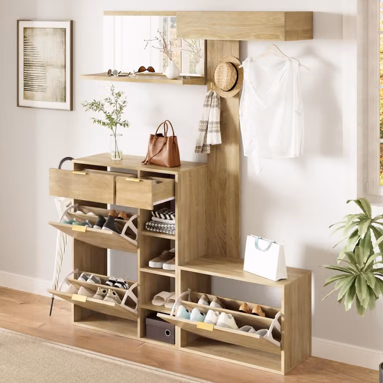 STILVORA Gangmeubel Set met Schoenenkast, Bankje en Wandgarderobe met Spiegel