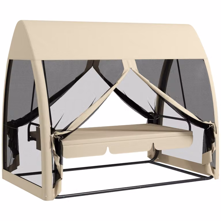 Outsunny 3-persoons terras-schommel met bedfunctie, Hollywoodschommel met muskietennet en stalen frame, Koffie
