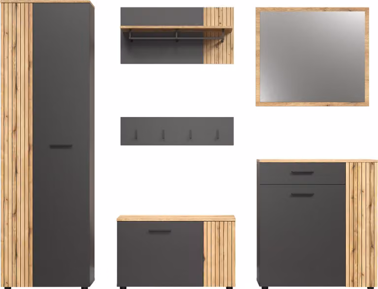 Trendteam Garderobe Esteban 6-delige set, antraciet en Evoke eikenhout, B: 250 cm, H: 195 cm, D: 36 cm