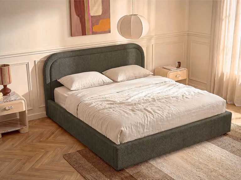 FIDOZIA Bed met opbergruimte in groene teddystof, 200 x 200 cm