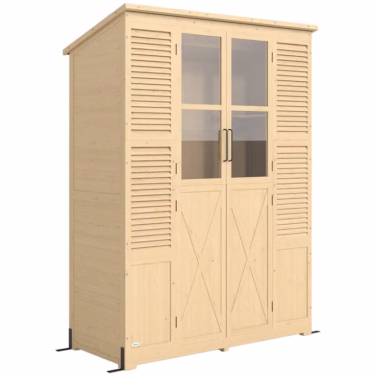 Outsunny Houten Tuinschuur met Planken, Acrylramen en Dubbele Deur en Weerbestendig Asfalt Dak
