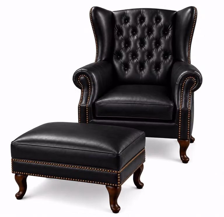 Chesterfield Fauteuil met Hocker - Zwart Leer - Lounge Chair