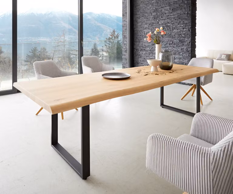 DELIFE Eettafel Edge Live-Edge Eiken en Acacia met Zwart Sled Base, B/D/H: 260 x 100 x 76 cm