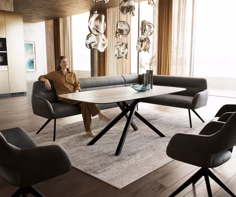 DELIFE Eetkamerbank Taya-Flex, L-vormige hoekbank in microvezel, Anthraciet/Zwart, B: 282 cm, D: 190 cm, H: 106,5 cm