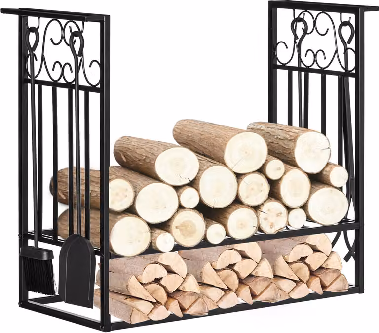 Multifunctionele haardgereedschapset en brandhoutrek in zwart staal, B/D/H: 30 x 75 x 60 cm