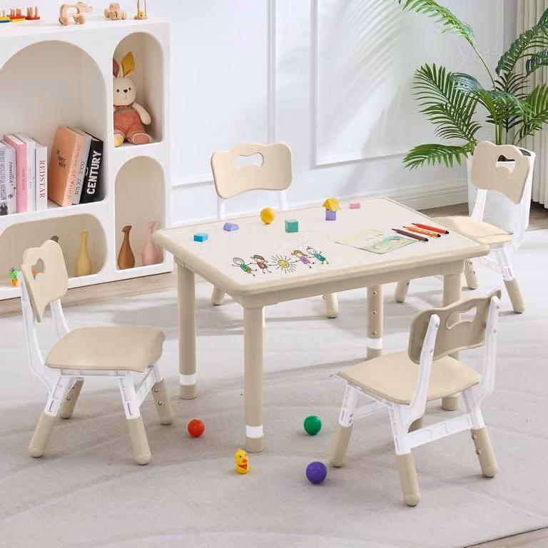 In hoogte verstelbare kinderbureau en stoelenset met 4 stoelen voor de kinderkamer of thuiskantoor