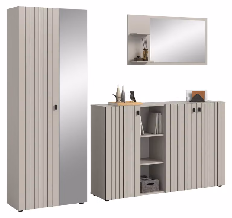 home24 Station 3-delig halmeubelset met spiegel en schoenenkast, beige