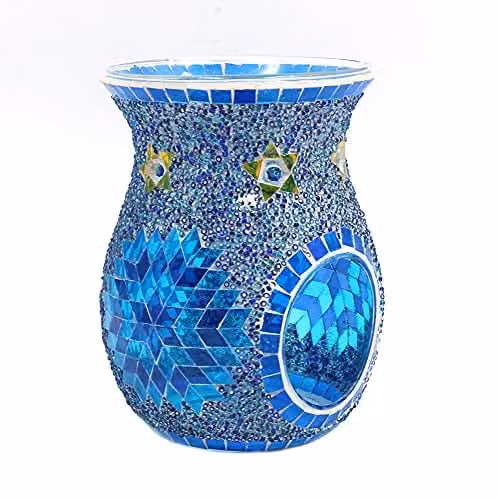 ANCLLO Etnische zonnebloem mozaïek glazen kaarsenhouder voor tealights - Blauw