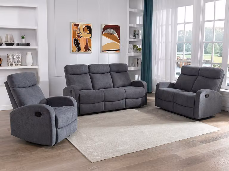 Relax Driezitsbank en tweezitsbank EVELYN in grijze stof met relaxfunctie