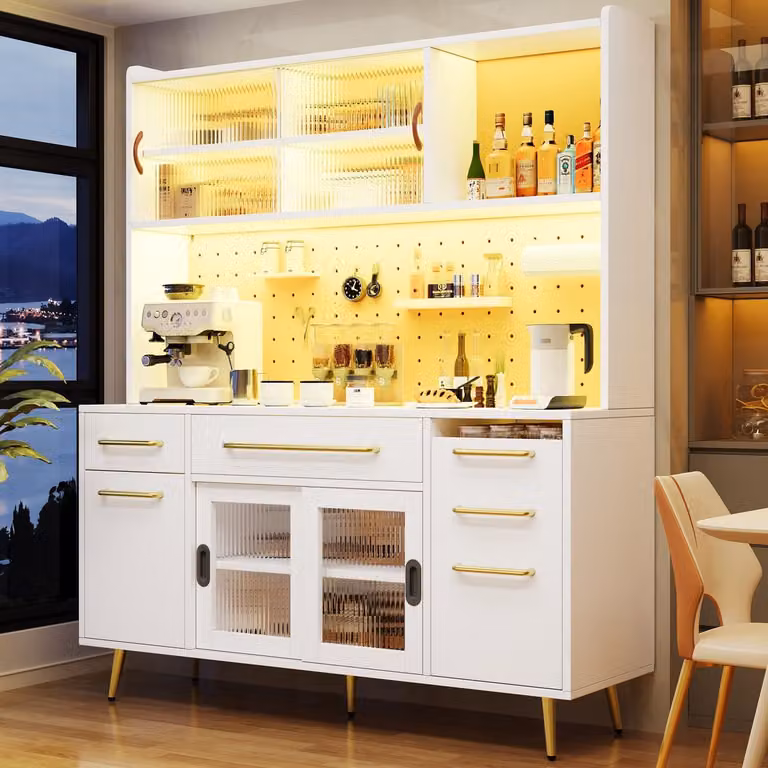 OKWISH Dressoir met LED-verlichting en App-bediening, Wit, met Pegboard, Lades en Glazen Planken, B/D/H: 145 x 39 x 171 cm