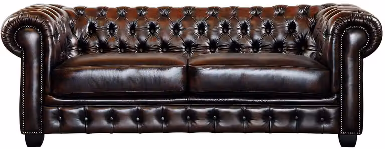 Chesterfield BRENTON Driezitsbank en Fauteuil van Buffelleer in Bruin met Antique Finish