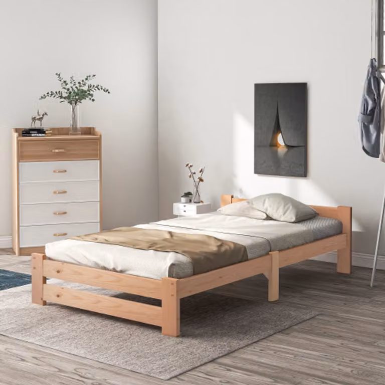 Massief houten futonbed met hoofdbord en lattenbodem, naturel, B/D: 90 x 200 cm