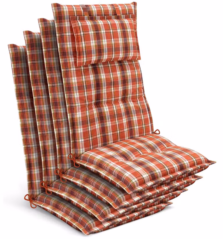 Beautissu 4x Premium rugkussens, oranje-rood-groen geruit, B/D/H: 120 x 50 x 7 cm