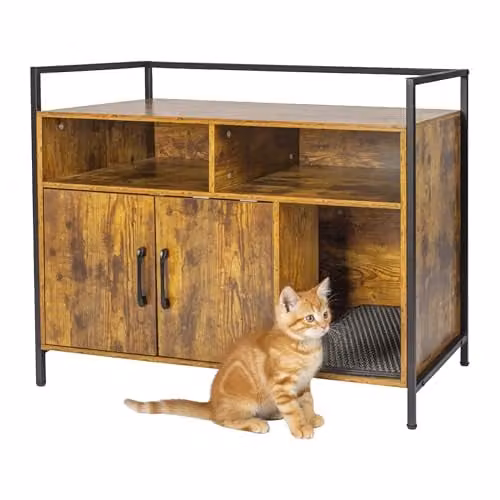 Relaxdays Kattenkast met opbergruimte en kattenbakmat, bruin/zwart