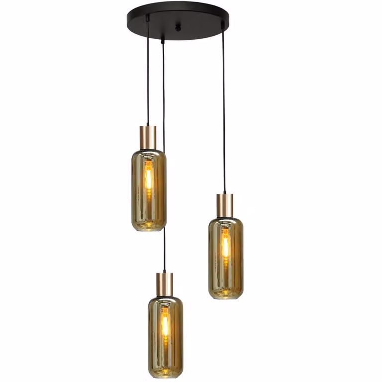 Masterlight Hanglamp Bounty 3-lichts met roodkoperen fitting en transparante glazen cilinders