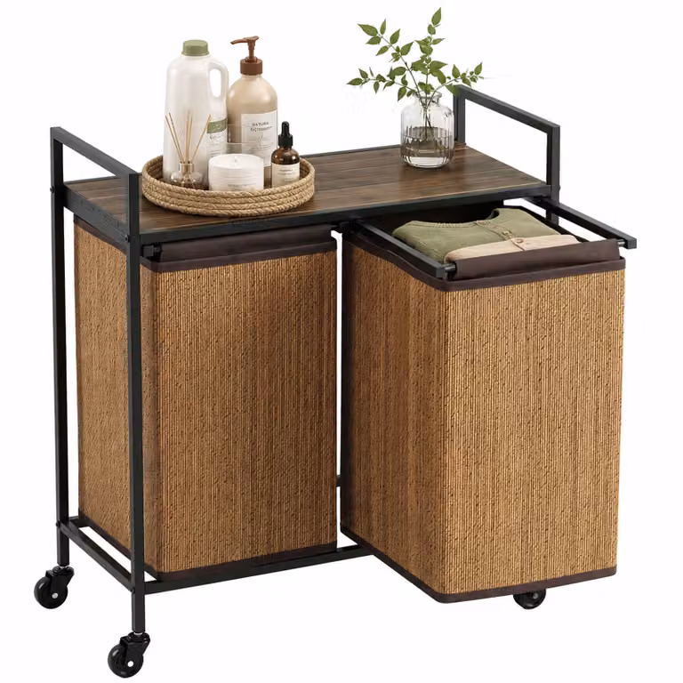HOMCOM Wasmand Bamboe met 2 vakken en plank, 120 L, Verrijdbaar, Bruin, B/D/H: 73 x 33 x 78 cm