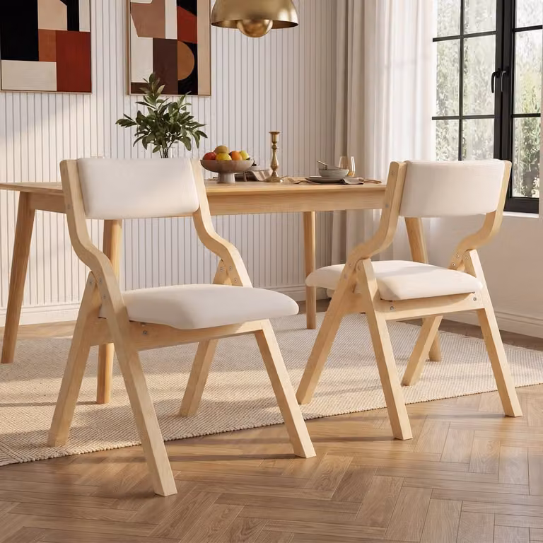 Set van 4 opvouwbare eetkamerstoelen van massief hout met linnen zitting in beige