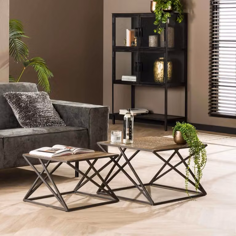 WoonStijl Salontafel set van 2 met X-frame in brons en bruin met composiet blad