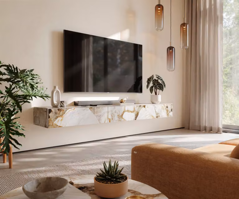 Zwevend tv-meubel Cuor 200 cm met gepolijst keramiek Patagonia, 1 flap en 1 lade