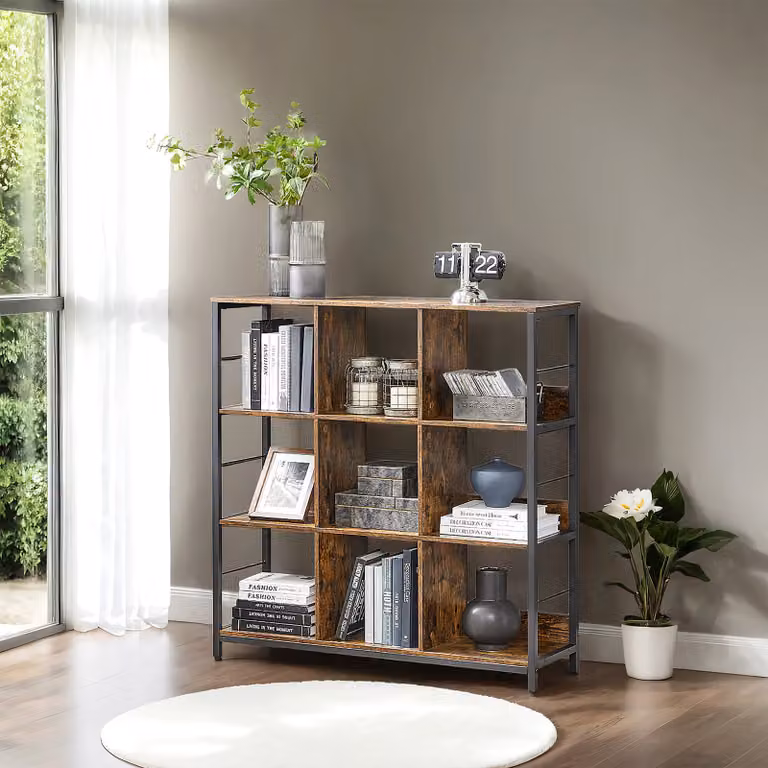 home24 Open kast Leesville met 9 vakken, bruin/zwart, B/D/H: 100 x 103 x 30 cm